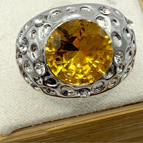 Citrine yellow glass chunky domed cocktail ring silver tone sz 7 - Picture 8 of 14